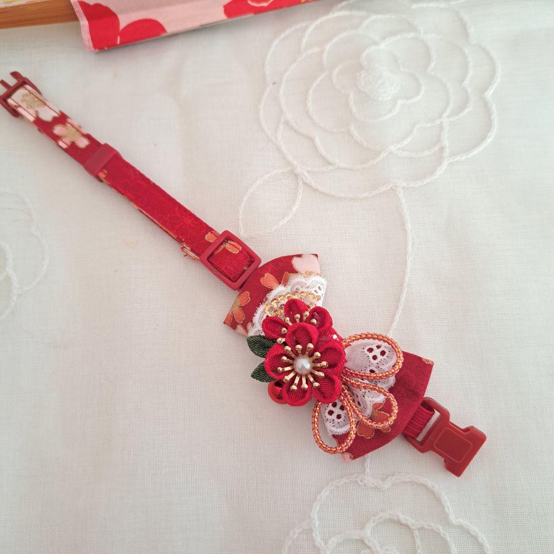 お正月、つまみ細工シングルリボン(紫)わんちゃん猫ちゃん用首輪