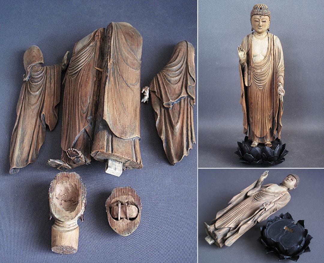 珍しい像!!『玉眼寄木造り 分解 阿弥陀如来像』総高30㎝ 像