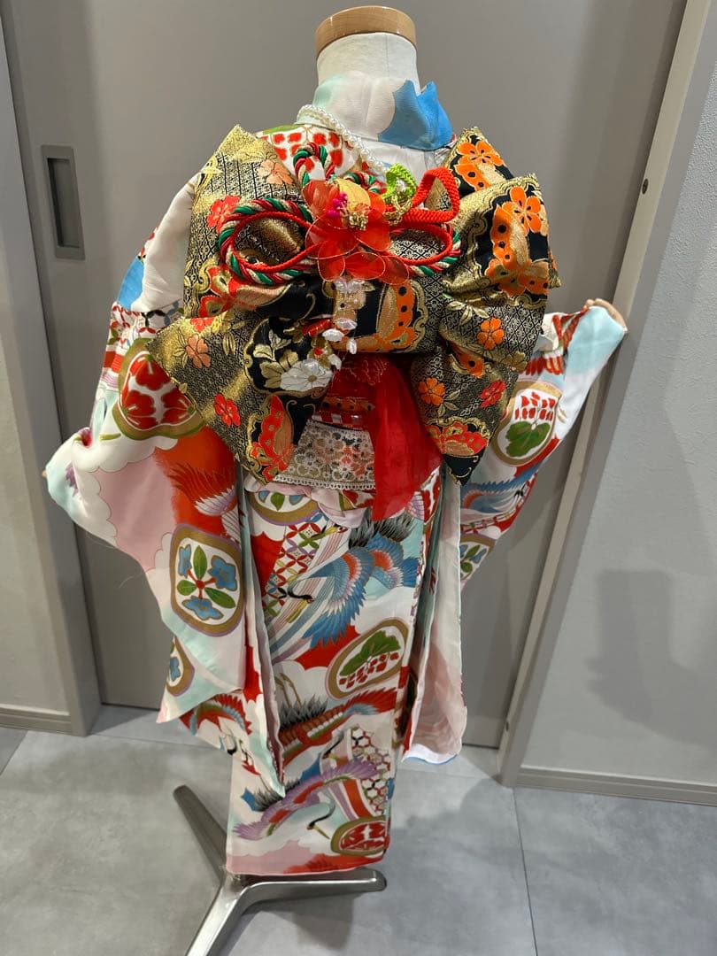 正絹　七五三 赤と白の鶴模様 着物　レトロ　フルセット