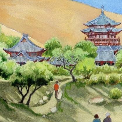 絵画「シルクロード～ 月牙泉のほとりの楼閣」　水彩画