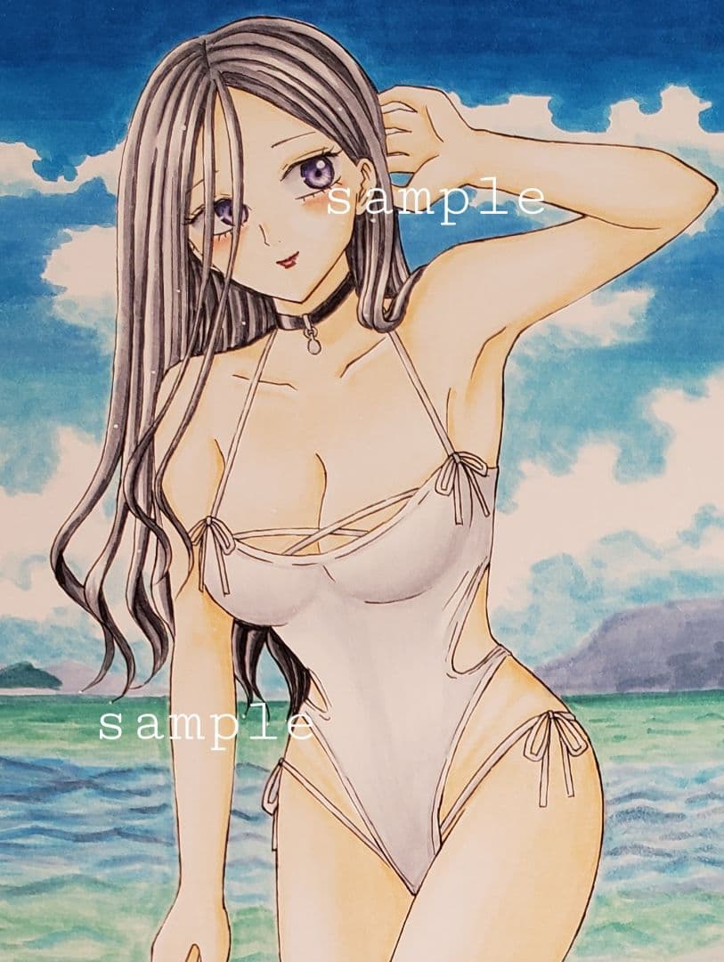 手描きイラスト オリジナル 創作 原画【水着のお姉さん】女の子 美女