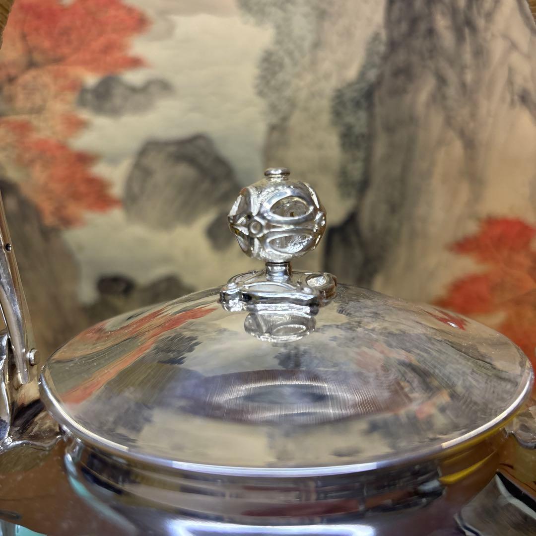 中川净益】純銀花草彫 湯沸 銀瓶 煎茶道具