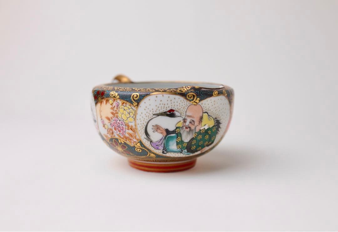 九谷焼寿老人細密絵青海波七宝図青粒煎茶器急須茶碗