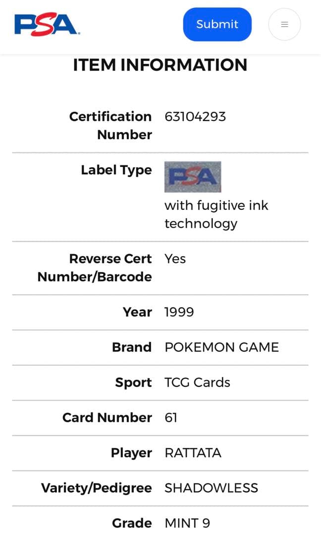 鑑定美品 PSA9 ラッタ シャドーレス 珍ポケモンカード ポケカ トレカ 英語