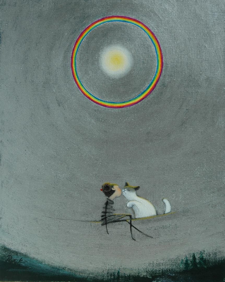 油絵 菅家令子 絵 絵画 インテリア額付(白) F3-031019 子猫と女の子