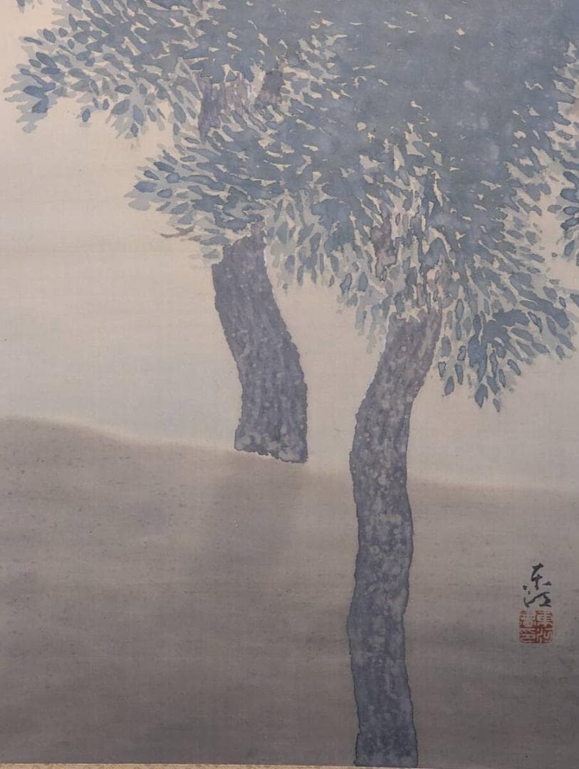 真作】掛軸 松林風景 近代日本画 木立図 静謐な青緑彩 筆致