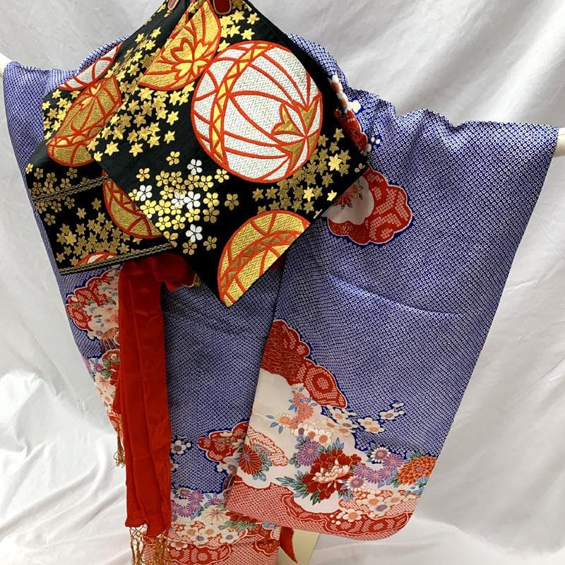 511ag13□七五三 七歳 女児 着物&袋帯&長襦袢 鹿の子 毬 花□美品