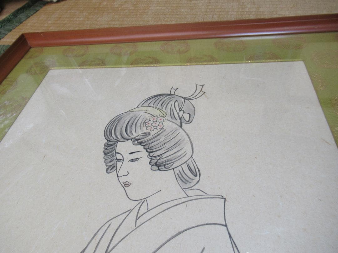 真作 美品 1950年代額装◆伊東深水 直筆「茶の湯」和紙 美人画素描 落款有り