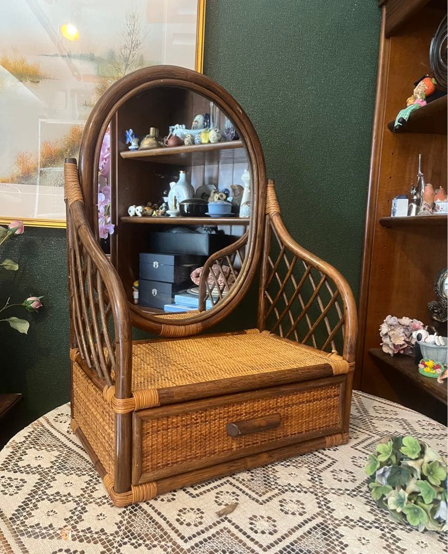 ヴィンテージ ラタン ドレッサー 鏡台 籐 アジアン 昭和レトロ