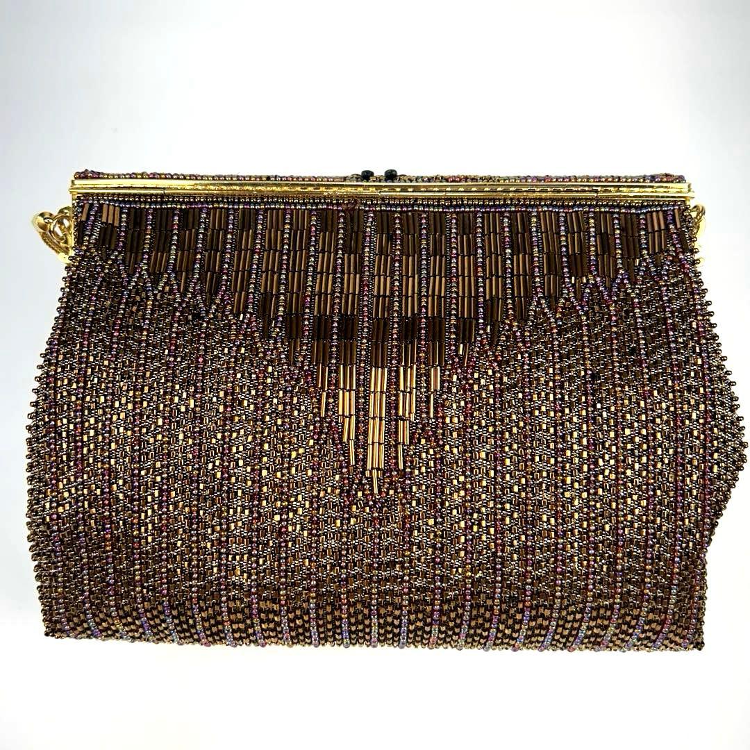 【未使用級】ルミーはしもと　ビーズバッグ　ブロンズ　ゴールドチェーン　ビジュー