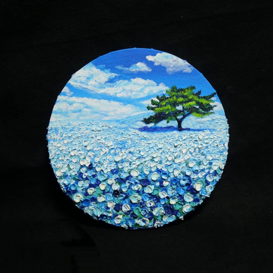 油絵 油彩 油彩画 絵 絵画 円形【ネモフィラの丘】