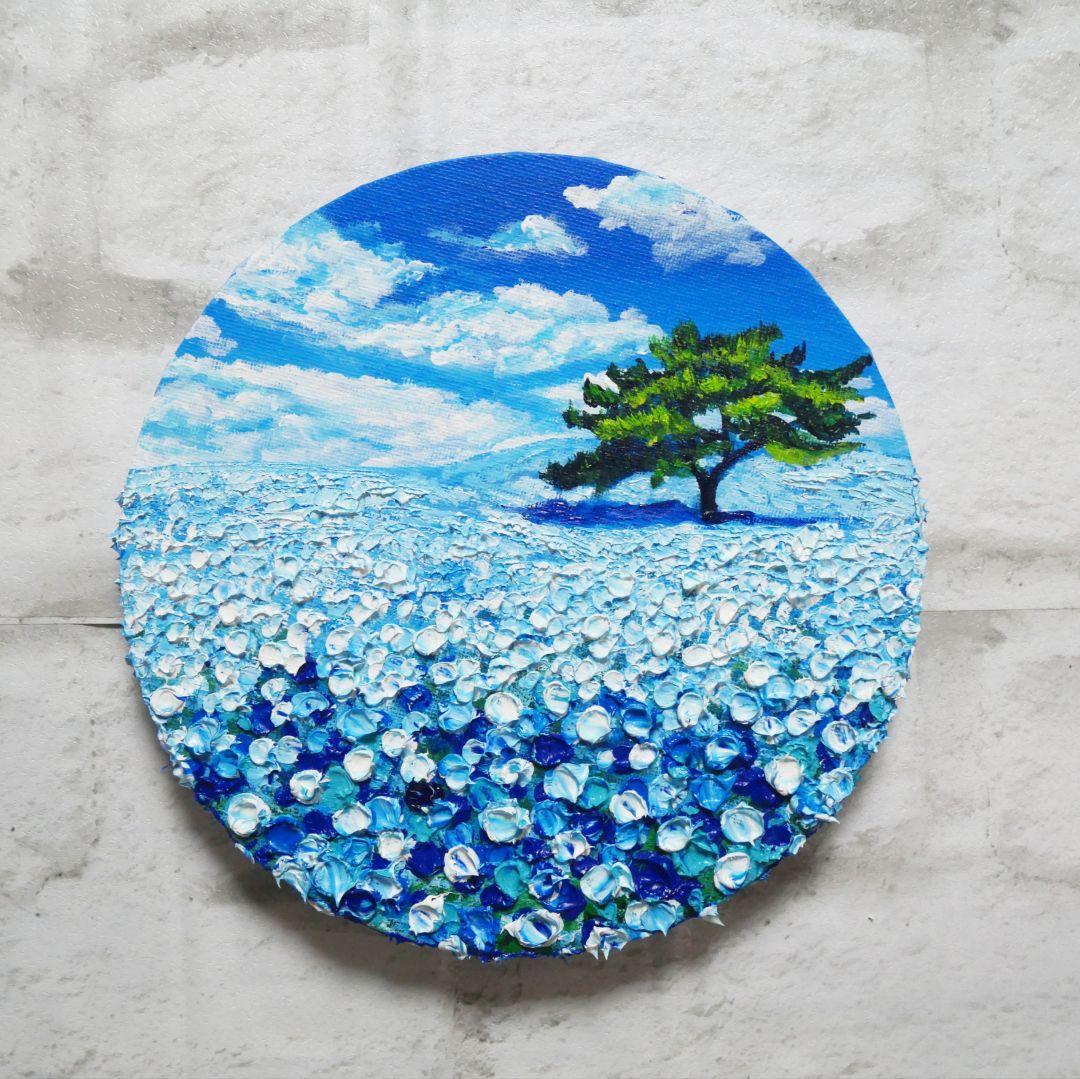 油絵 油彩 油彩画 絵 絵画 円形【ネモフィラの丘】