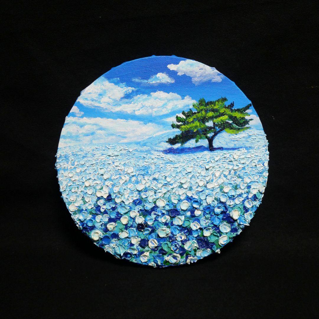 油絵 油彩 油彩画 絵 絵画 円形【ネモフィラの丘】