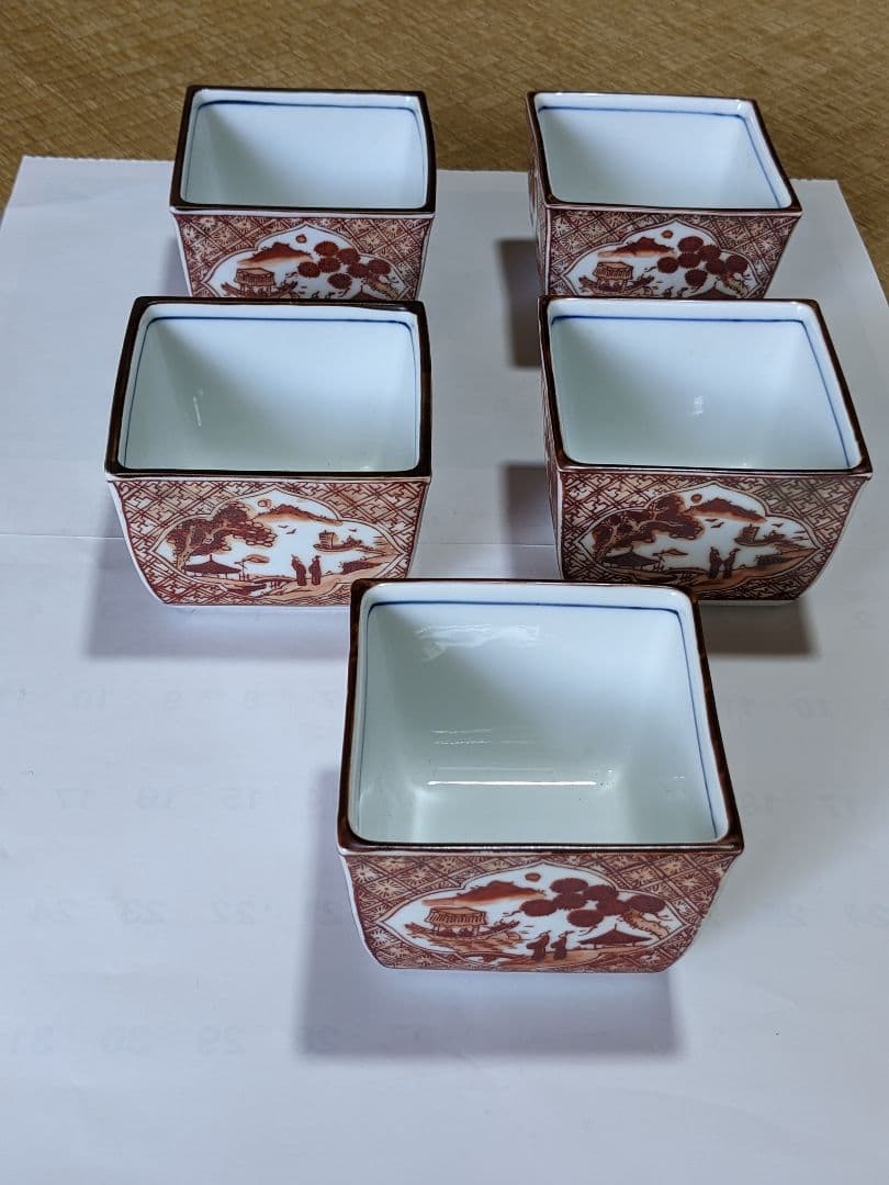 ♢有田焼 胡窯 赤絵 楼閣山水図 四方鉢 向付 九谷焼 茶道具 工芸品