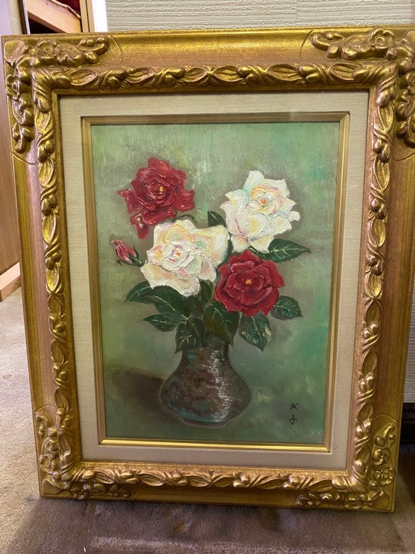 油彩画 バラの花束 金色フレーム 約42cm x 32cm
