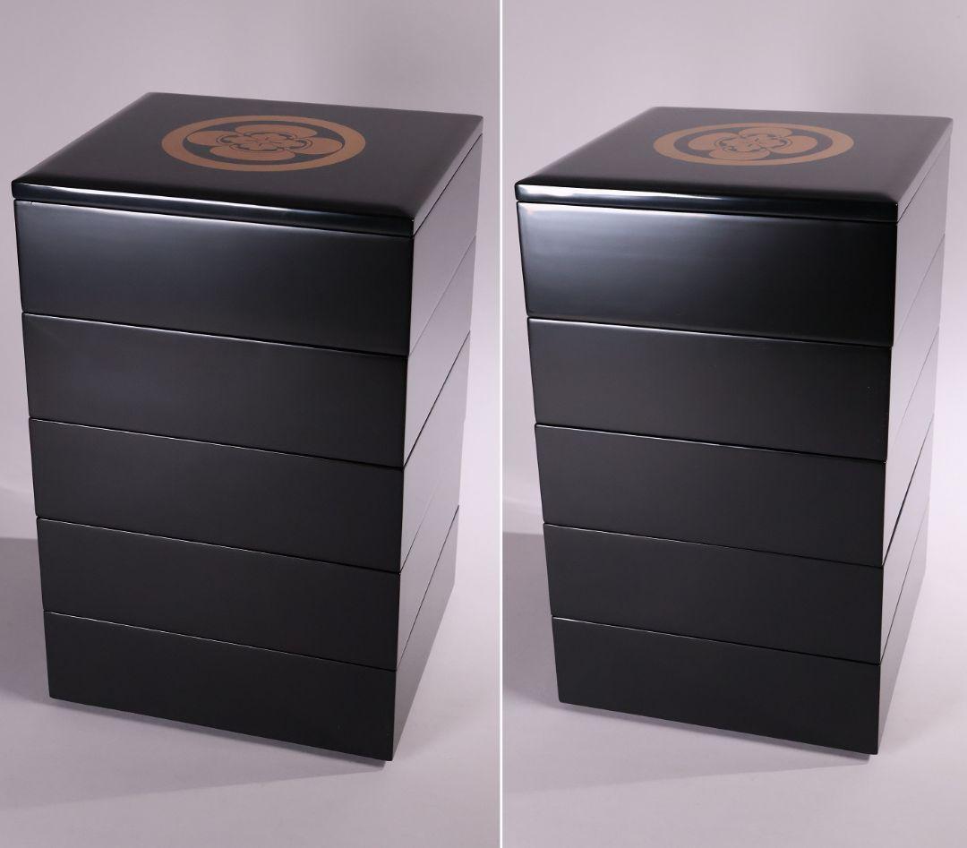 【MB33】輪島塗 宗水堂 木瓜家紋 蓋三枚 五段重 7.5寸重箱 黒内朱 木製