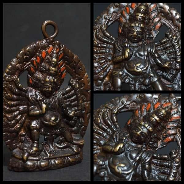 オールドチベット仏教 銅製ドルジェマハカラカラチャクラ仏像 赤漆塗り