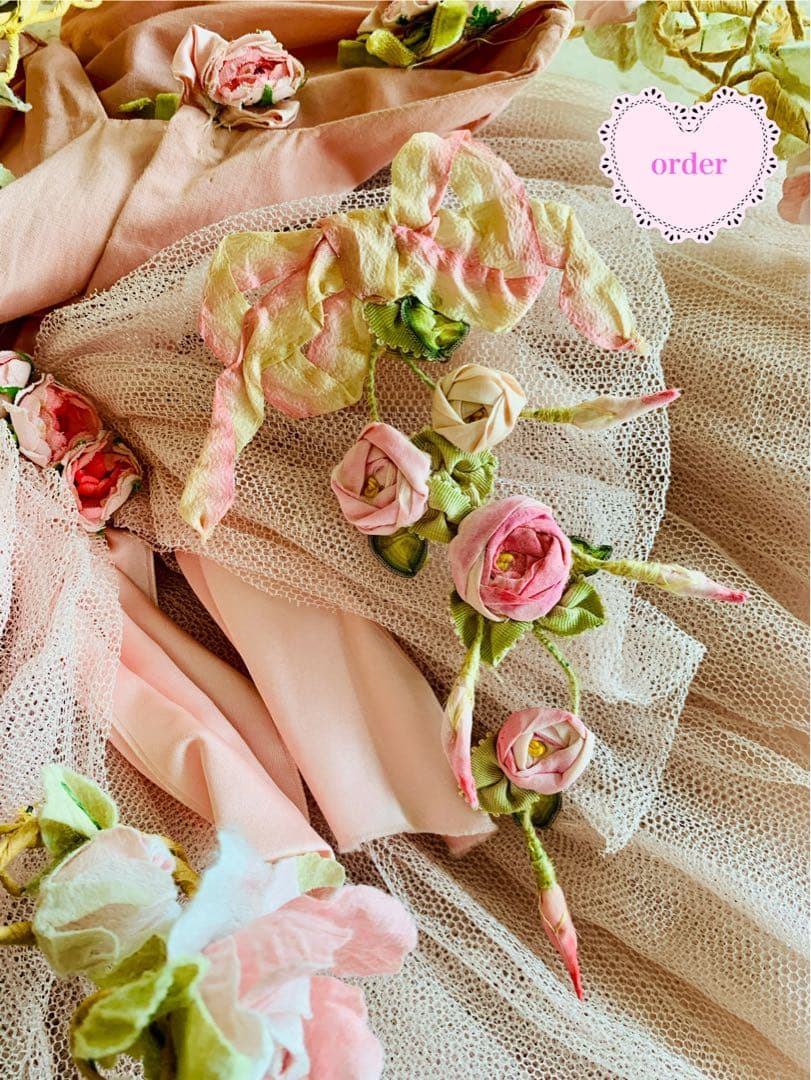 アンティーク シルク製 シルクシフォン 淡いピンクの薔薇 ロココ