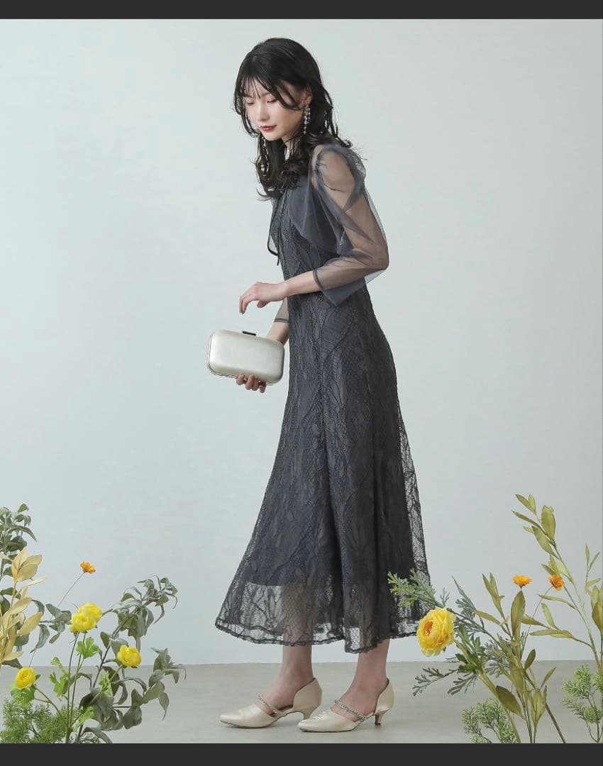 グレー フローラル刺繍 マキシドレス