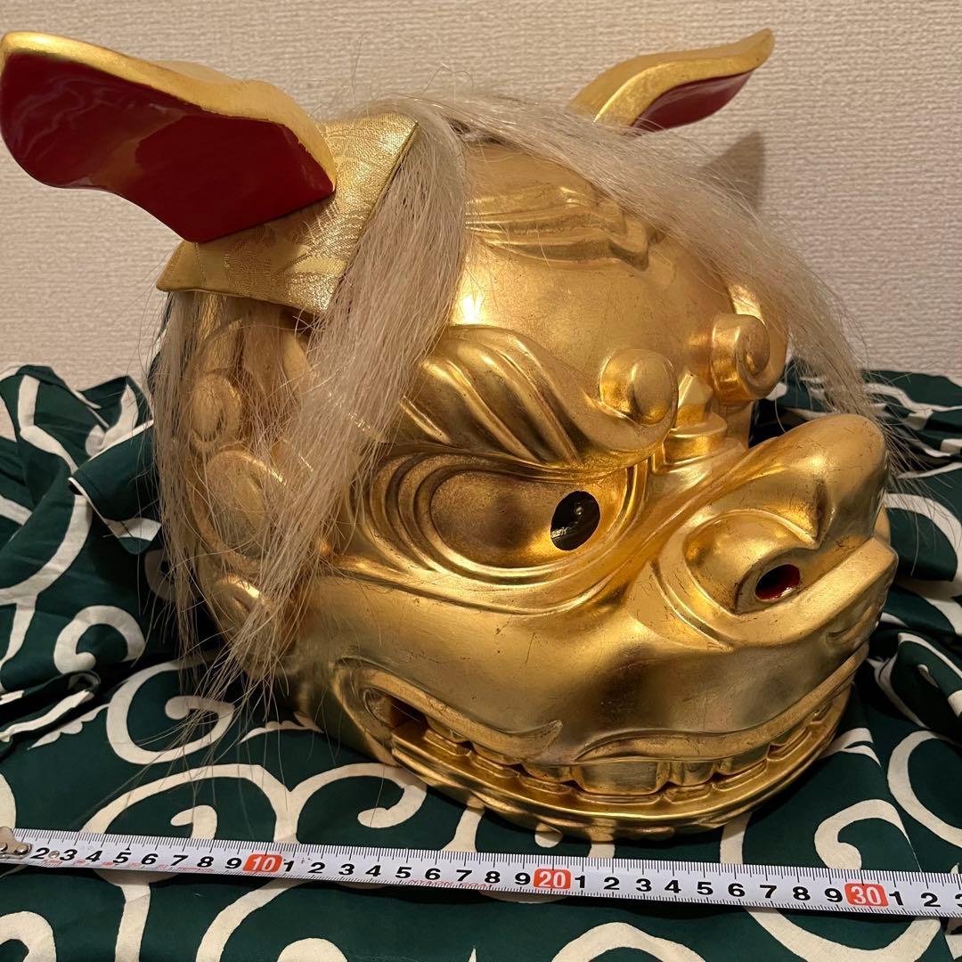 【希少】　獅子舞　獅子頭　金箔　木彫　魔除け　金彩　古美術　木製 木彫 お祭り
