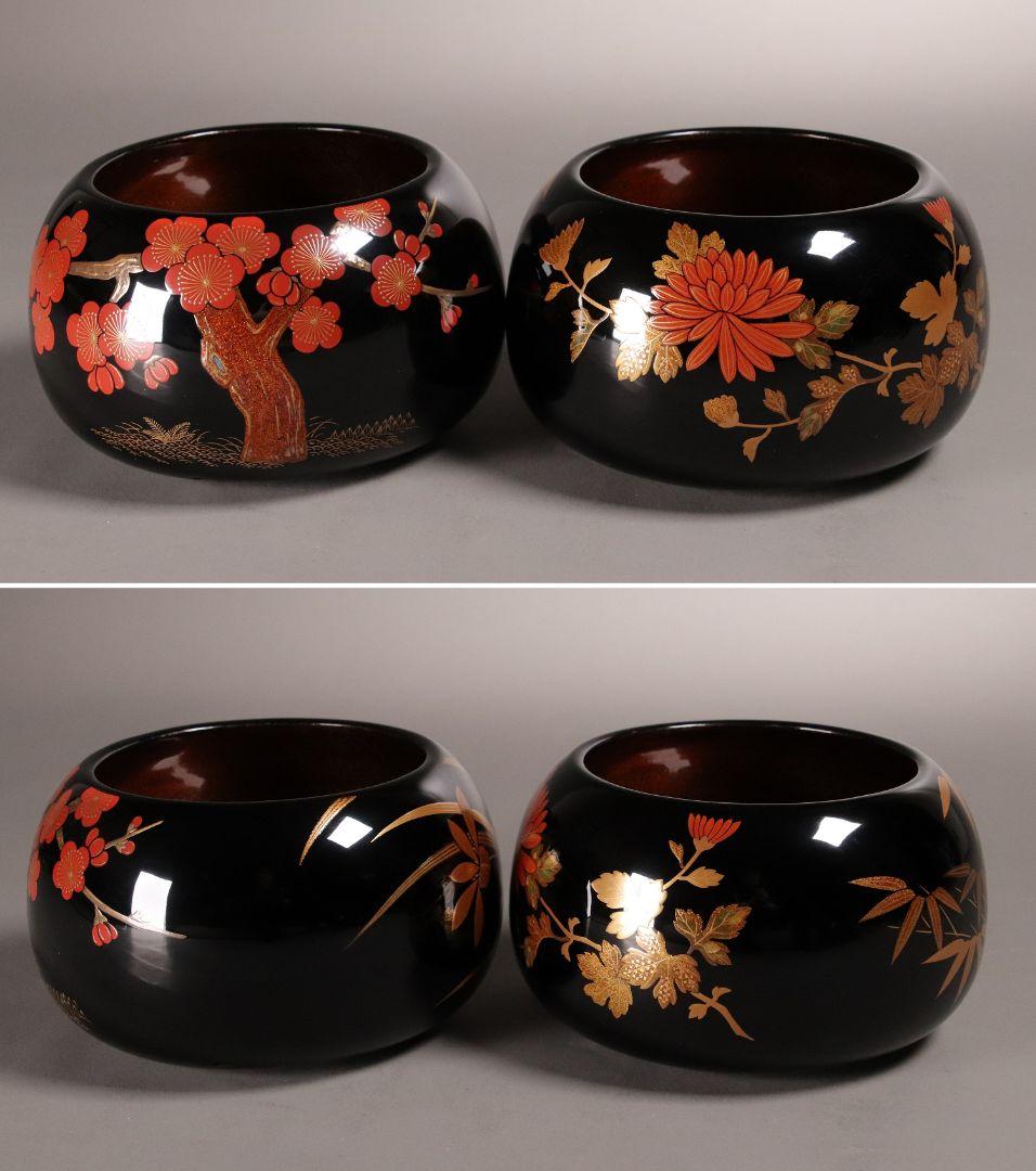 M937 輪島塗 柿木章作 四君子鷺烏蒔絵 碁器一対 木製 黒塗 内梨地 共箱