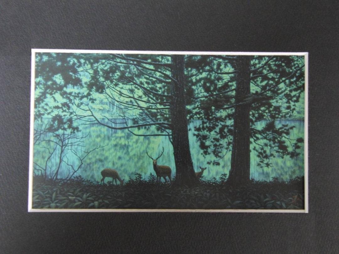 山地司、【鹿の住む森10】、希少な額装用画集より、新品額装付、状態良好