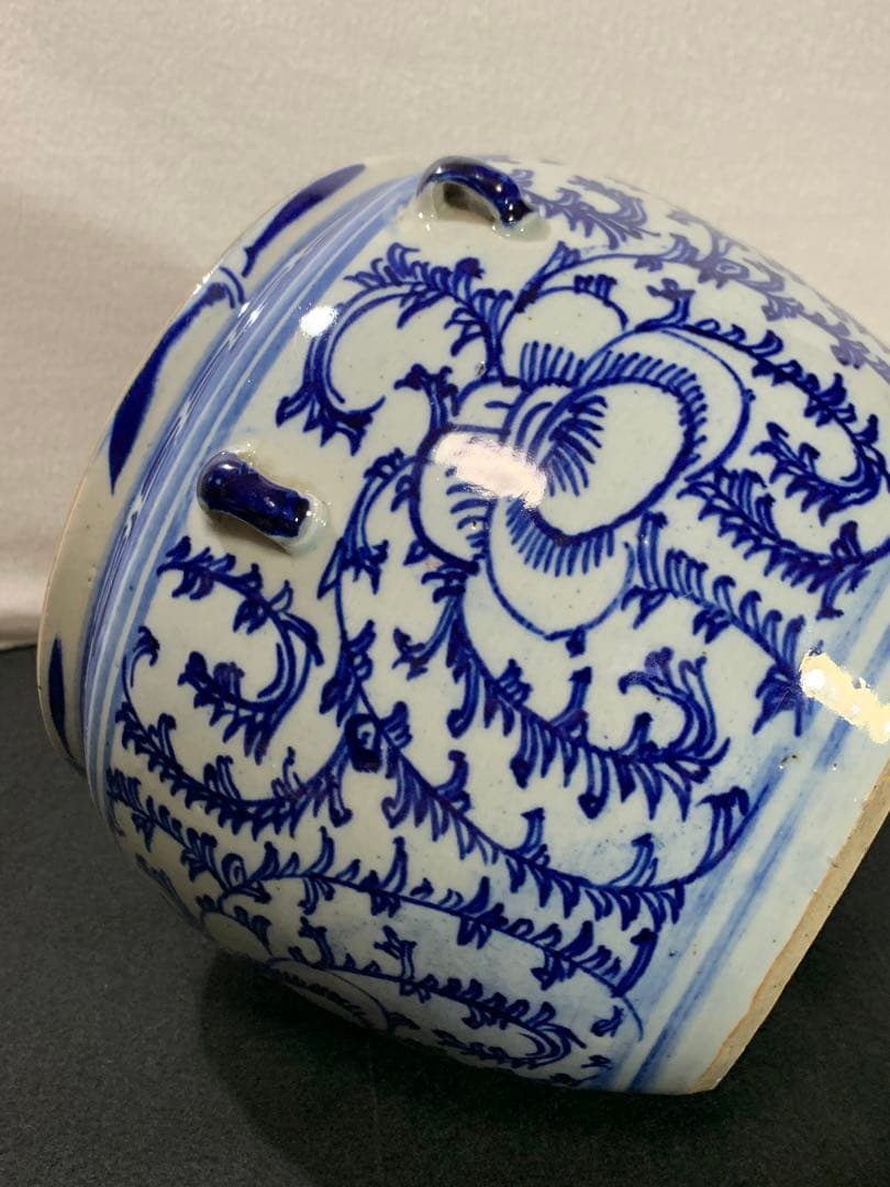 中国美術 時代物 染付花文水指 蓋物 景徳鎮