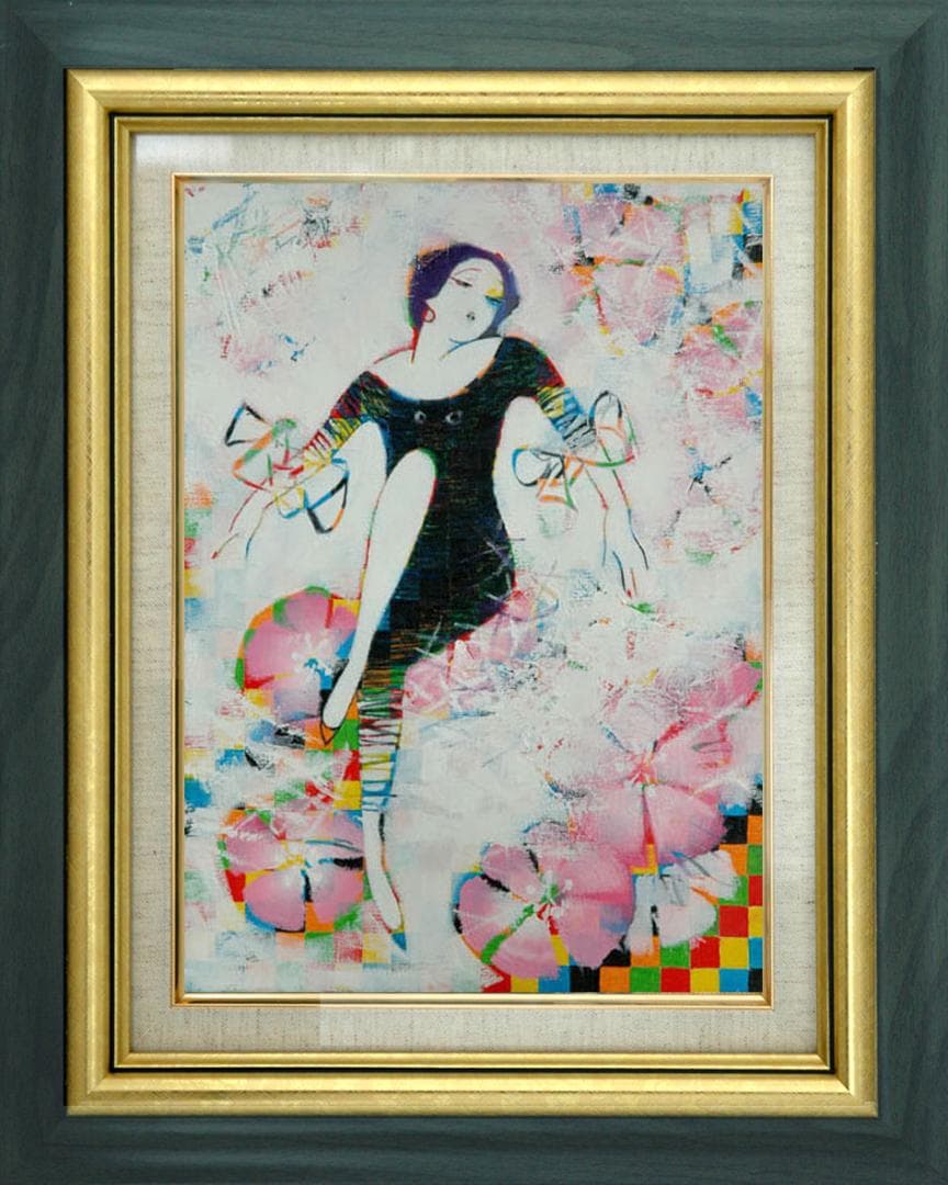 絵画額付 (青緑＋金色の枠) 油絵 uF6-010211私の愛しい女たち