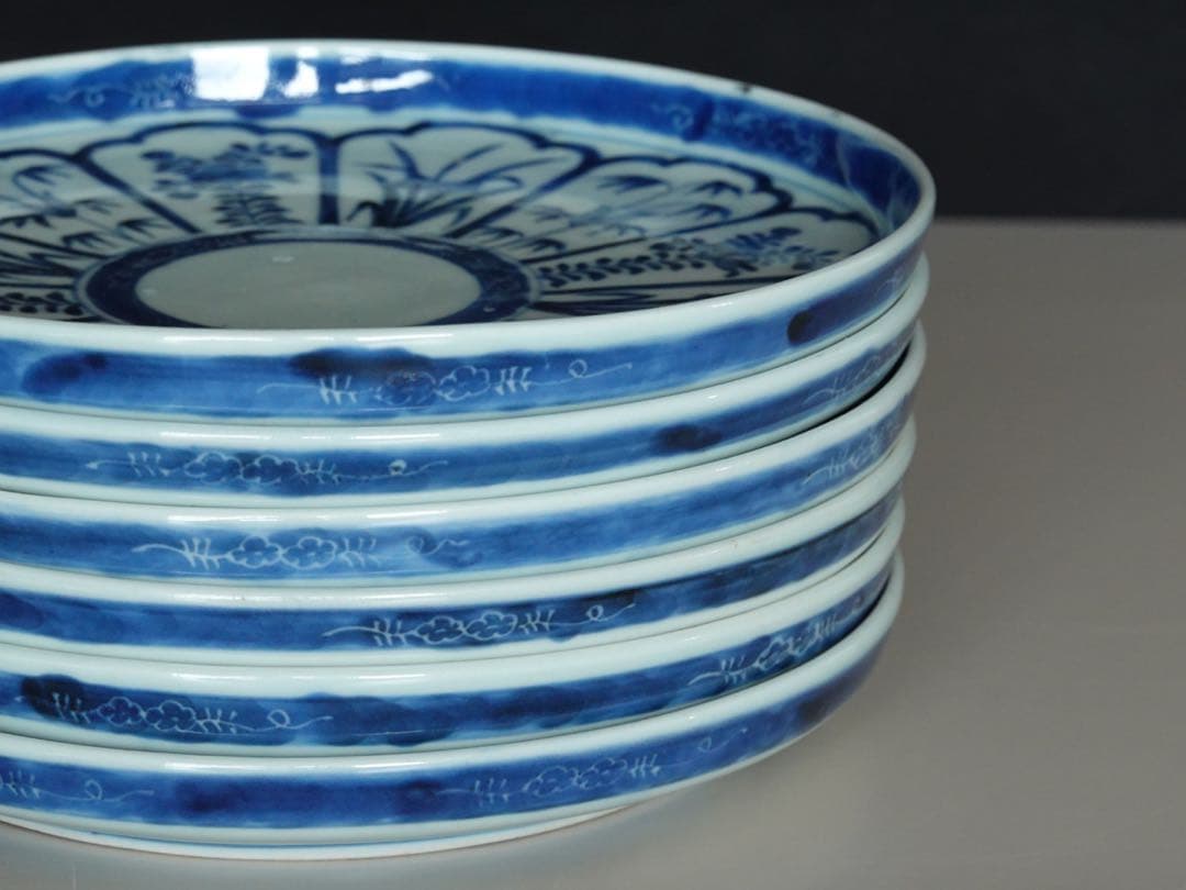 江戸時代 中期 古伊万里 染付 墨弾き 草花文 皿 6客 リム皿