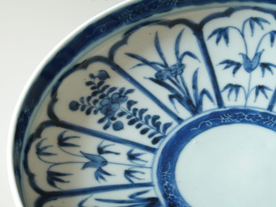江戸時代 中期 古伊万里 染付 墨弾き 草花文 皿 6客 リム皿