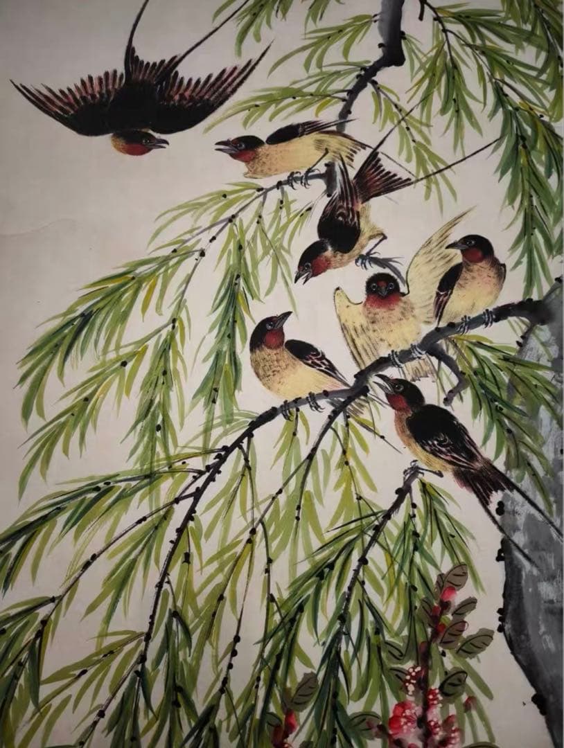 中国近代 花鳥画 掛け軸｜陳半丁 花鳥図・柳に小鳥 春景｜大幅 中堂 和室 茶室