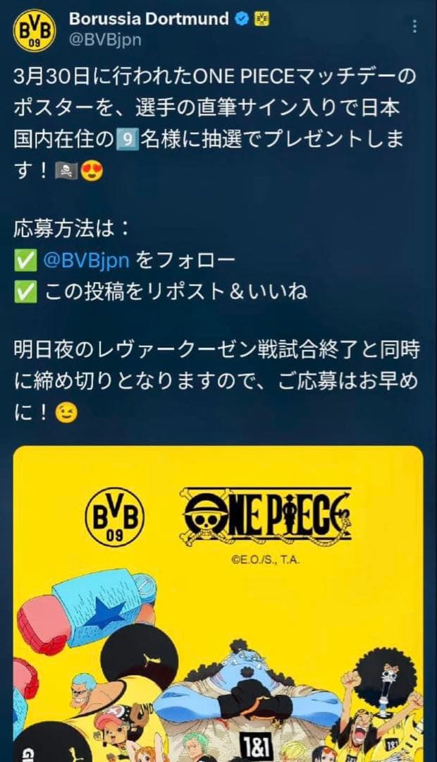 お*か様 【超貴重】ドルトムント　ワンピースコラボ当選限定ポスター 直筆サイン入