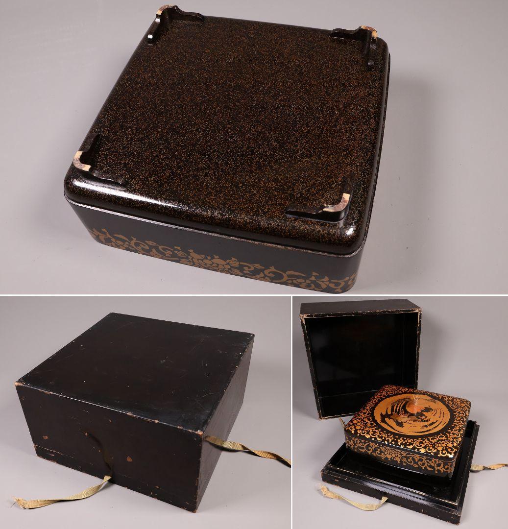 MA808】時代 加賀蒔絵 桐鳳凰・花唐草 金蒔絵 梨地 饅頭箱 菓子箱 漆芸