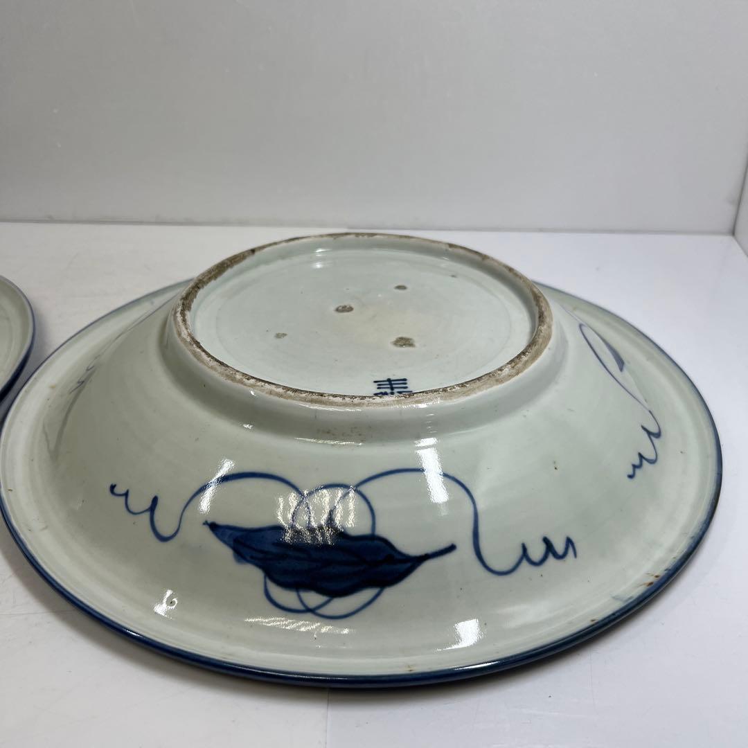 古伊万里 上手染付大皿2枚 木箱付 直径約37㎝ 東Y7-0626②タニチ