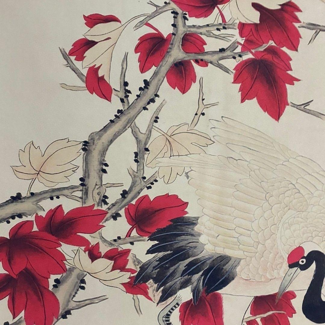 【掛軸】花鳥図「紅葉双鶴」齐白石風 四尺中堂 手工仕立て 180×70cm