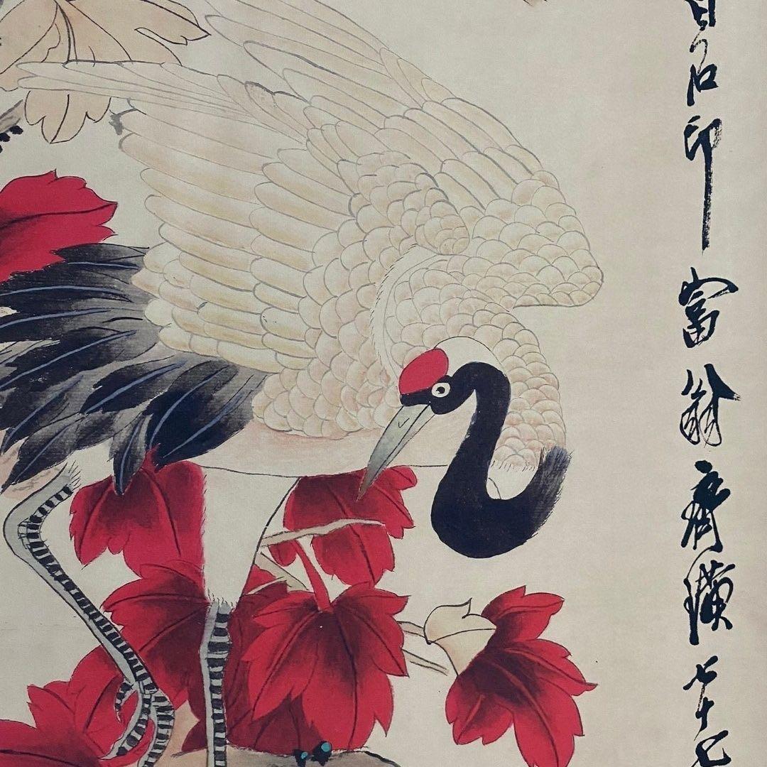 【掛軸】花鳥図「紅葉双鶴」齐白石風 四尺中堂 手工仕立て 180×70cm