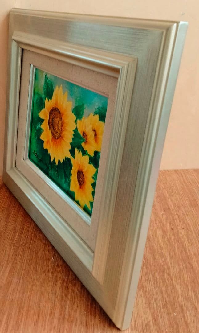 ひまわりの油彩画（フレーム付き） キャンバス布 画材