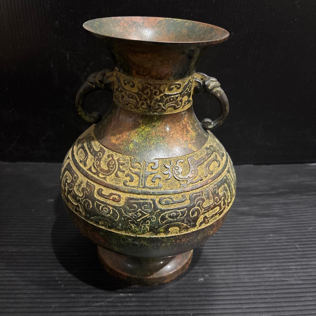 鋳銅 花瓶 双耳壺 銘入り 中国古典文様 青銅器風 古美術 鋳銅 ♯ 光弘 作 双耳 鋳銅 花瓶 銅花器 銅花瓶 長頸