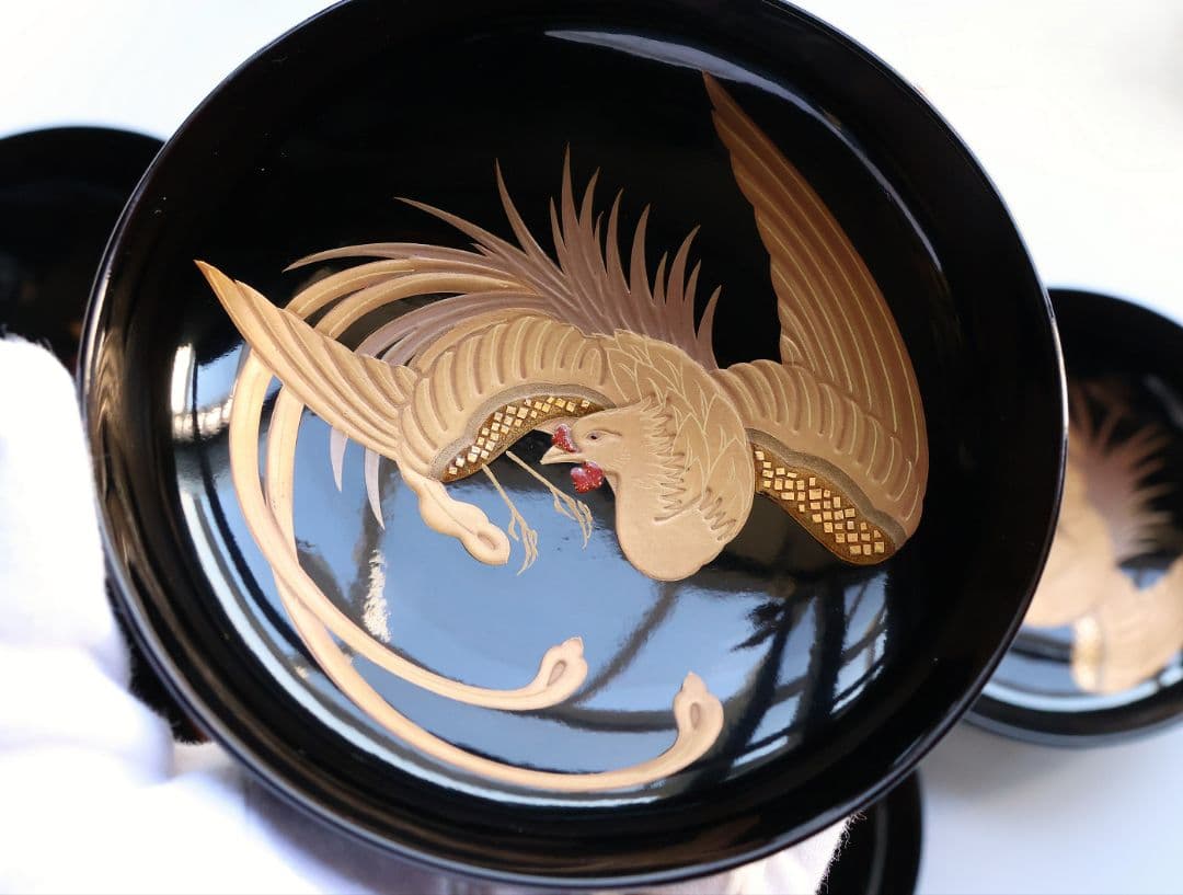 【CM401】天然木漆塗 菊桐鳳凰金蒔絵 黒塗 吸物椀 三客 昭和期 木製漆器