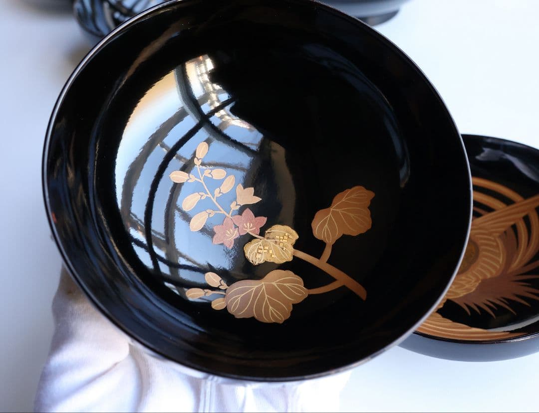 CM401】天然木漆塗 菊桐鳳凰金蒔絵 黒塗 吸物椀 三客 昭和期 木製漆器
