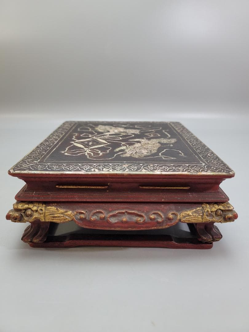 中国美術 螺鈿 獅子紋 朱漆 香炉台 DT507