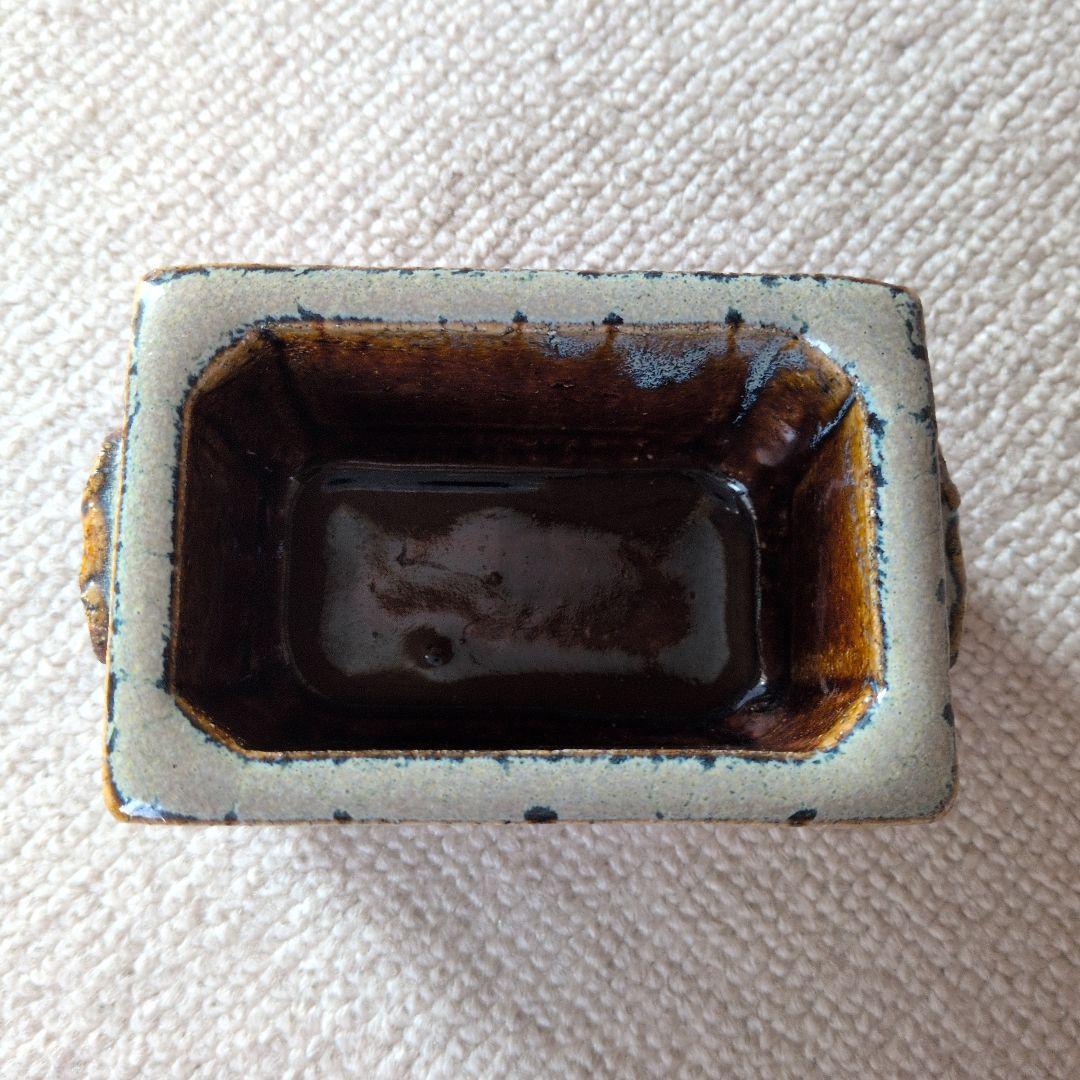 【美品】長方形 陶器 茶色と青のグラデーション　工芸品　陶芸　植木鉢　豆盆栽