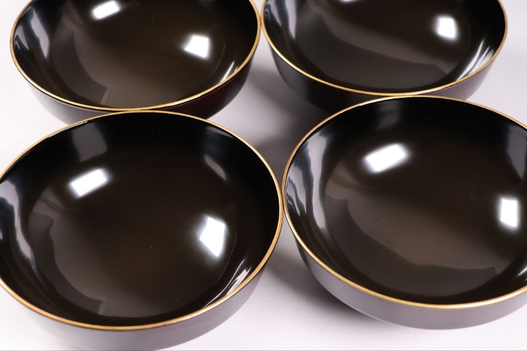 【CM379】大正期 月と松 飛翔鶴 金蒔絵 欅地溜塗 黒塗 椀四客 木製漆器