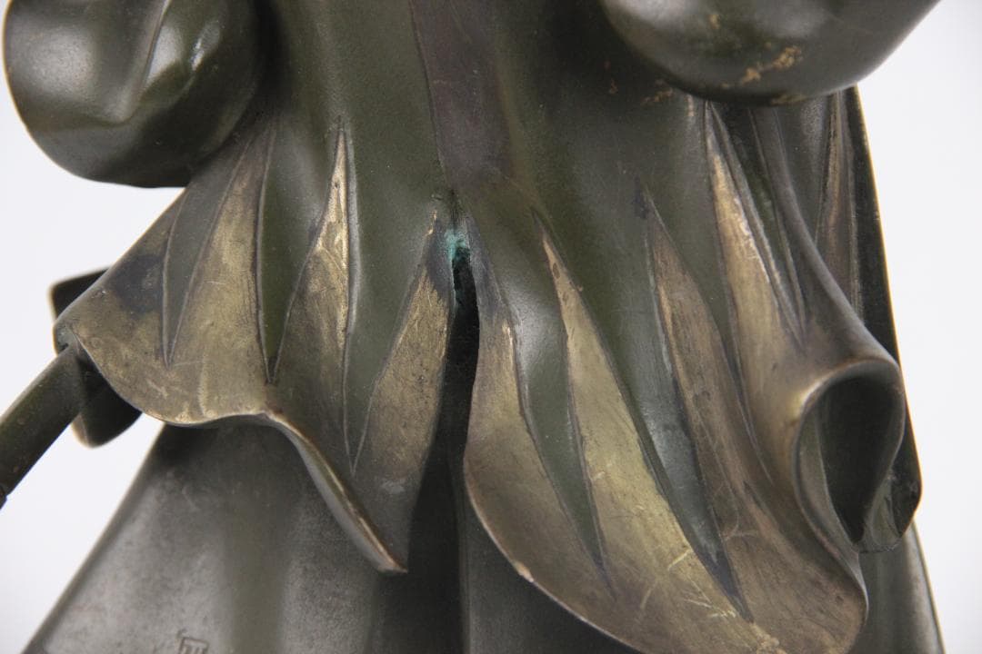 日本美術 銅製武人像 正秀作 細密彫刻 金象嵌 明治期金工 時代物 Eo1-