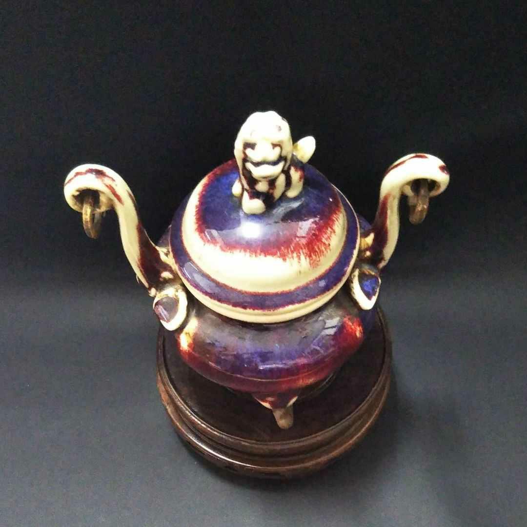 ※中国古美術/鈞窯窯変獅子蓋三足香炉/