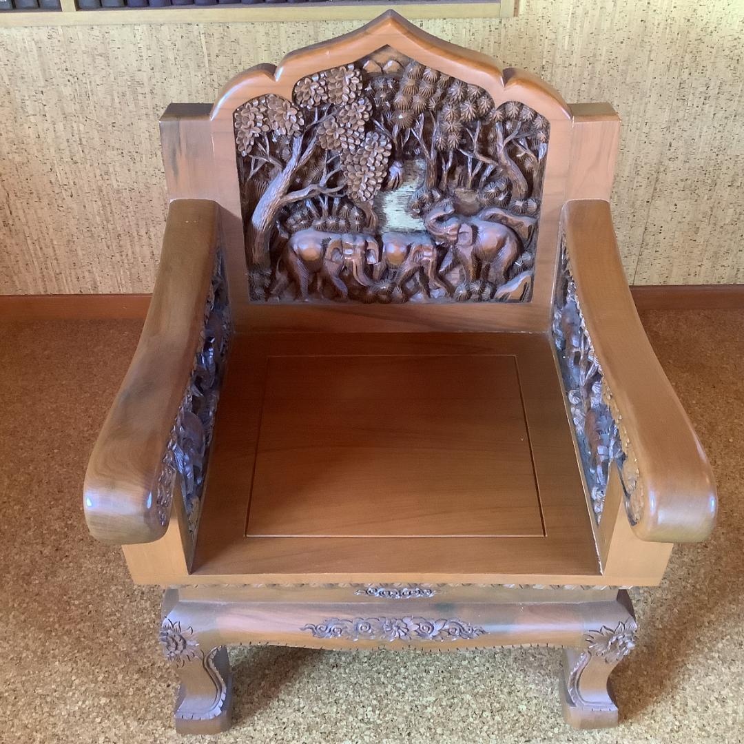 重厚彫刻椅子】象の群れモチーフ 木製彫刻アームチェア 4脚セット 希少大型
