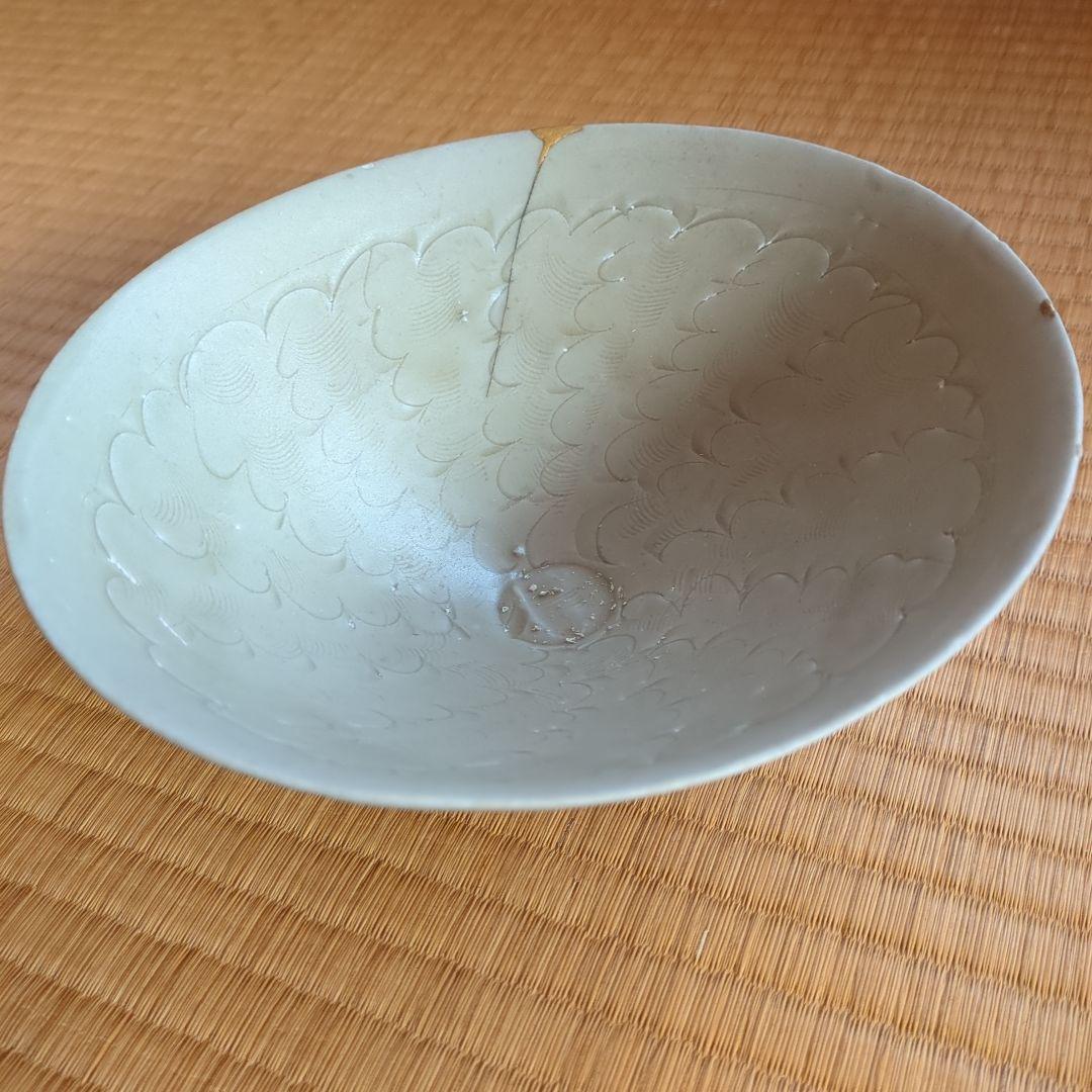 波模様の陶器鉢 木箱入り 金継ぎ 骨董品 古美術