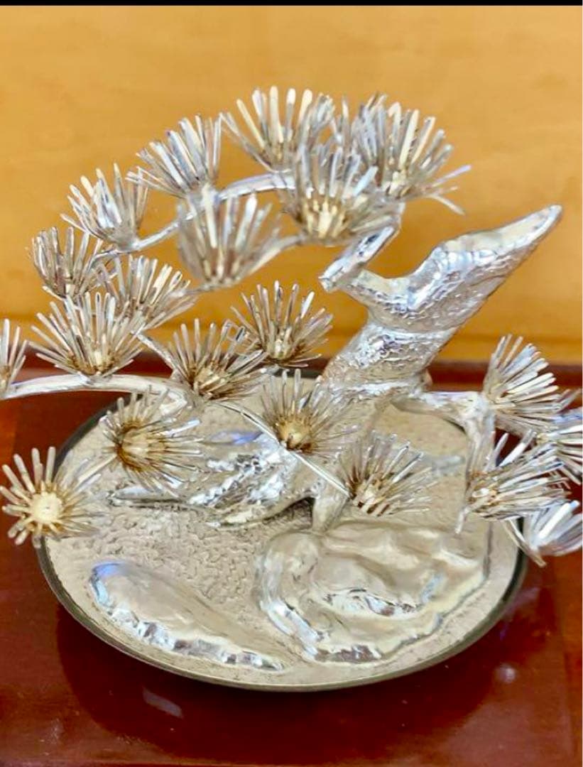 純銀製 大淵光則作 松 盆栽 彫金 銀細工 木製ガラスケース付