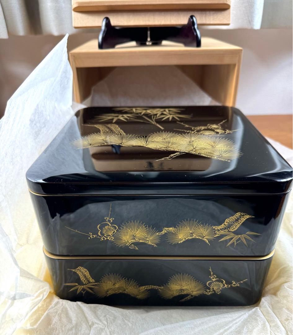 257 輪島塗 松竹梅沈金 二段重 未使用品 共箱 共布 - メルカリ