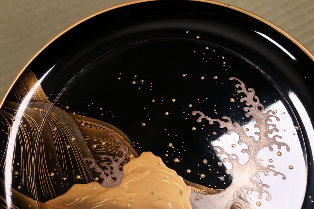 波に鶴 金銀蒔絵 高月一対 木箱 木製漆器 高坏 高槻 菓子器 【MA743】